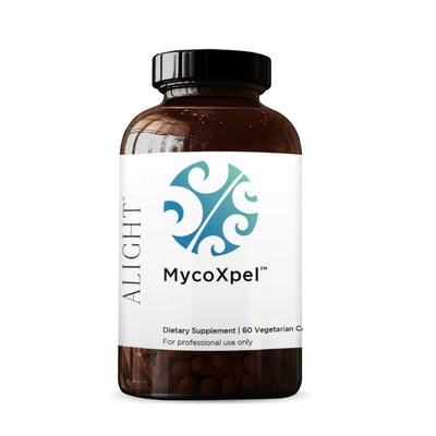 Image of a white supplement bottle which says Alight Mycoxpel dietary supplement 60 vegetarian capsules for professional use only 
