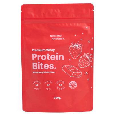 A Supplement container with the name Strawberry White Chocolate Whey Protein Bites by Nothing Naughty.
