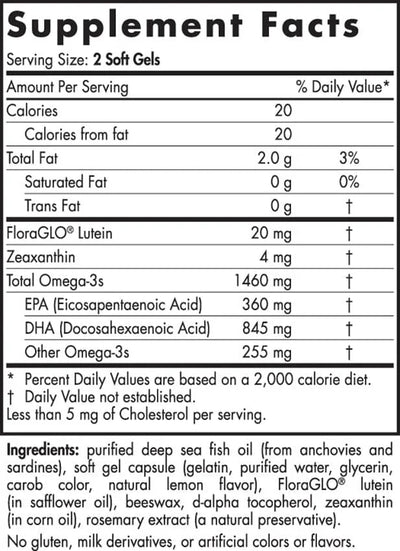 Text describing the ingredients: FloraGLO Lutein, Zeaxanthin, Omega-3s, EPA, DHA.