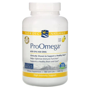  Supplement container with the name ProOmega (180 Softgel caps) by Nordic Naturals.