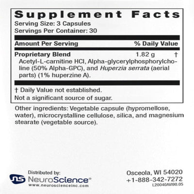 Ingredients: Proprietary Blend: Acetyl-L-carnitine HCI, Alpha-glycerylphosphorylcholine (50% Alpha-GPC), and Huperzia serrata (aerial parts)(1% huperzine A).