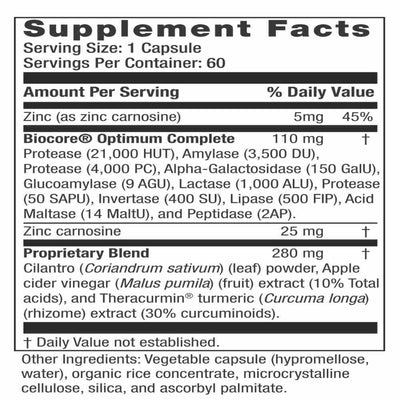 Ingredients: Zinc, Biocore Optimum Complete, Proprietary Blend.