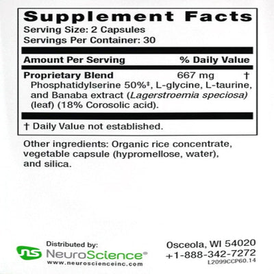 Ingredients: Proprietary Blend Phosphatidylseine 50%, L-glycine, L-taurine and Banaba extract (Lagerstroemia speciosa) (leaf) (18% Corosolic acid)