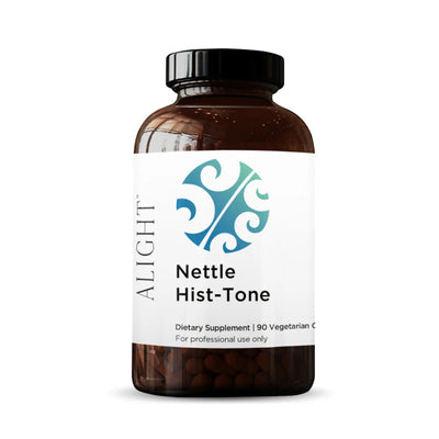 Image of a white supplement bottle which says Alight nettle Hist-tone dietary supplement 90 vegetarian capsules for professional use only 