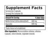 Image of ingredients:
Nettle extract (urtica diocica)(leaf), Quercetin, Microcrystalline cellulose, cellulose (capsule), Silicon dioxide, vegtable sterate 