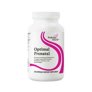 A Supplement container with the name Optimal Prenatal y Seeking Health.