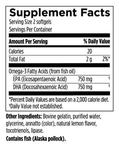 Text describing the ingredients: Omega-3 Fatty Acids (from Fish oil), EPA (Eicosapentaenoic Acid), DHA ( Docosahexaenoic Acid).