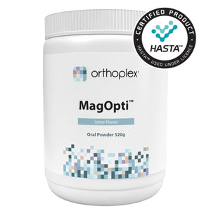 A Supplement container with the name MagOpti (520g) by Orthoplex.