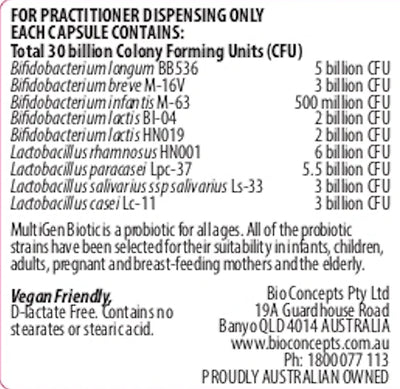 Bifidobacterium longum BB536 5 billion CFU, Bifidobacterium breve M-16V 3 billion CFU, Bifidobacterium infantis M-63 500 million CFU, Bifidobacterium lactis Bi-04 2 billion CFU, Bifidobacterium lactis HN019 2 billion CFU, Lactobacillus rhamnosus HN001 6 billion CFU, Lactobacillus paracasei Lpc-37 5.5 billion CFU, Lactobacillus salivarius Ls-33 3 billion CFU, Lactobacillus casei Lc-11 3 billion CFU, Total Colony Forming Units: 30 billion CFU.