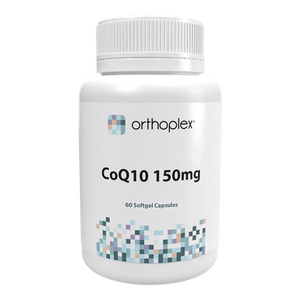 A Supplement container with the name CoQ10 150mg by Orthoplex White.