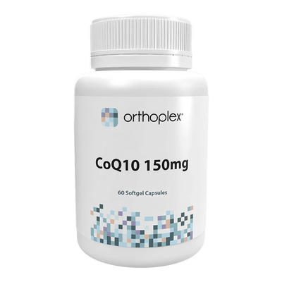 A Supplement container with the name CoQ10 150mg by Orthoplex White.