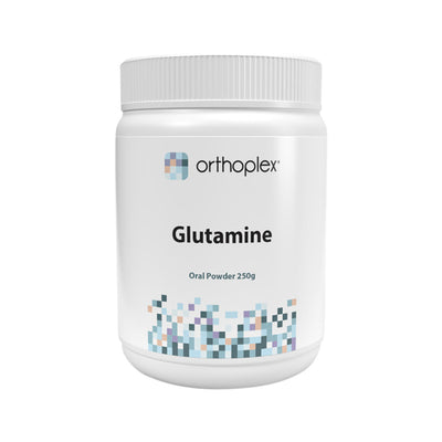 A Supplement container with the name Glutamine by Orthoplex White.