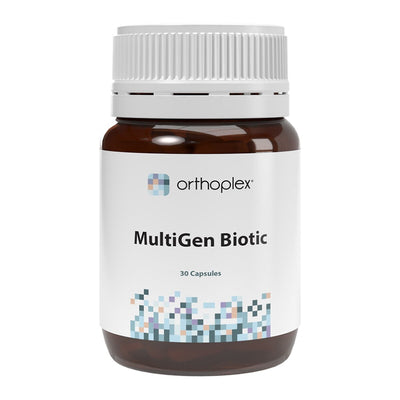 A Supplement container with the name MultiGen Biotic (30 Caps) by Orthoplex White.