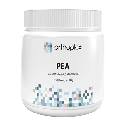 A white container with the name PEA by Orthoplex