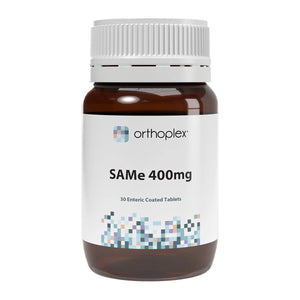 A Supplement container with the name SAMe 400mg by Orthoplex White
