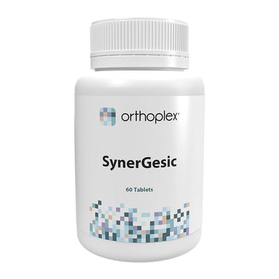 A Supplement container with the name SynerGesic by Orthoplex White.