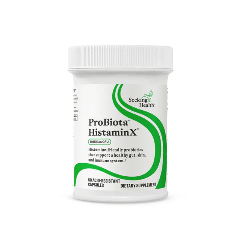 A Supplement container with the name ProBiota HistaminX by Seeking Health.
