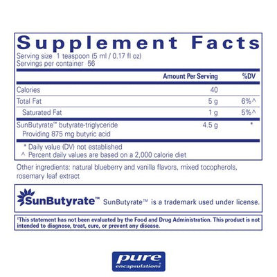 Text describing the ingredient: SunButyrate, Butyrate-triglyceride providing 875mg butyric Acid