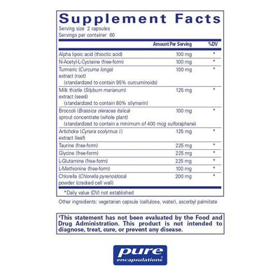 Text listing the ingredients including Alpha Lipoic acid, Thioctic acid, NAC, N-Acetyl-l-Cysteine, Tumeric, Cucuma Longa, Curcumin, Milk Thistle, Silybum marianum, Broccoli, Brassica oleracea, Artichoke, Cynara scolymus, Taurine, Glycine, L-Glutamine, L-Methionine, Chlorella