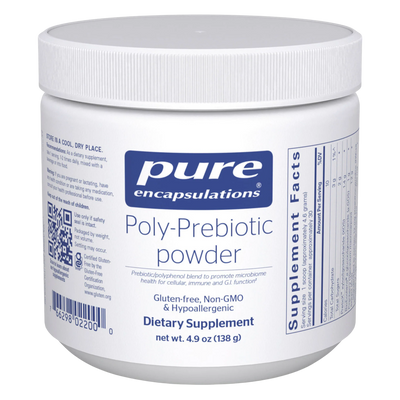 A Supplement container with the name Poly-Prebiotic powder by Pure Encapsulations.