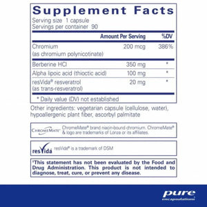 Text describing the ingredients: Chromium (as chromium polynicotinate), Berberine HCI, Alpha lipoic acid (thioctic acid), resVida reseratrol (as trans-resveratrol).