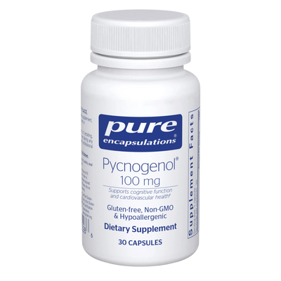 A Supplement container with the ame Pycnogenol 100mg (30 Caps) by Pure Encapsulations.