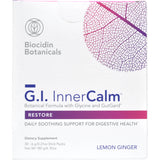 Image of a white box that is a product from Biocidin Botanicals. The box says G.I Inner Calm Botanical formula with Glycine and gutgard, restore daily soothing support for digestive health, lemon ginger 30 sachets. 