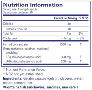Ingredients: Fish oil concentrate ( from anchovies, sardines, mackerel) providing EPA (eicosapentaenoic acid) DHA (docosahexaenoic acid).