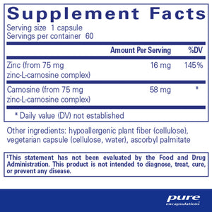 Text describing the ingredients: Zinc (from 75mg Zinc-L-Carnosine complex), Carnosine (from 75mg zinc-L-carnosine complex)