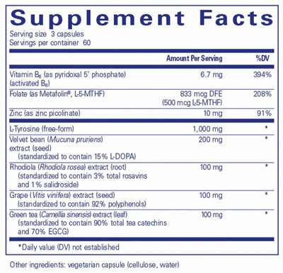 Text listing the ingredients including Vitamin B6, p5p, Activated b6, Folate, Metafolin, L-5-MTHF, Zinc, Zinc Picolinate, L-Tyrosine, Velvet bean, Mucuna Pruriens, Rhodiola, Grape, Vitis vinifera, Green tea, Camellia sinensis.