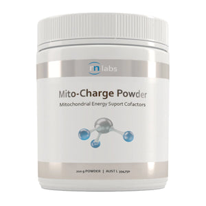 Image of a white supplement bottle that says Mito- charge powder mitochondrial energy suport cofactors 
210g powder 