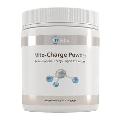 Image of a white supplement bottle that says Mito- charge powder mitochondrial energy suport cofactors 
210g powder 