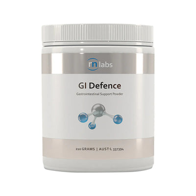 Image of a white supplement bottle that says GI defence RN labs Gastrointestinal Support Powder 210grams 