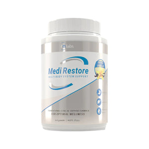 image of a white supplement bottle that says rn labs medi restore multi body system support foundational clinical spport formula for optimal wellness 616g powder french vanilla
