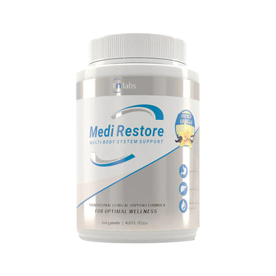 image of a white supplement bottle that says rn labs medi restore multi body system support foundational clinical spport formula for optimal wellness 616g powder french vanilla
