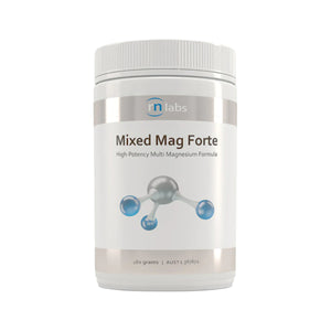 An image of a white supplement bottle that says rn labs mixed mag forte high-potencey multi magnesium formula 180 grams 