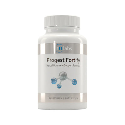 Image of a white supplement bottle that says rn labs, progest fortify herbal hormone support formula 60 capsules 
