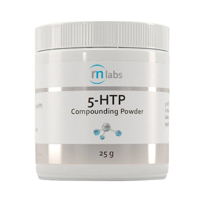 Image of a white supplement bottle that says 5-HTP Compounding powder 25g Rn Labs 