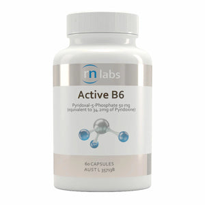 An image of a white supplement bottle rn labs active b6 pyridoxal-5-phosphate 50mg (equivalent to 34.2mg of pyridoxine) 60 capsules 