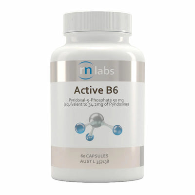 An image of a white supplement bottle rn labs active b6 pyridoxal-5-phosphate 50mg (equivalent to 34.2mg of pyridoxine) 60 capsules 