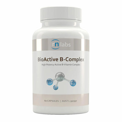 Image of a white supplement bottle that says bioactive b- complex high potency active b-vitamin complex  60 capsules rn labs 