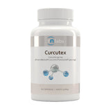 image of a white supplement bottle that says rn labs curcutex curcumin 90 mg (from meriva curcumin phytosome 500mg) 60 capsules 