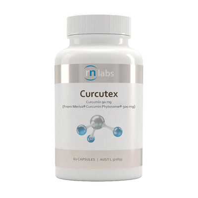 image of a white supplement bottle that says rn labs curcutex curcumin 90 mg (from meriva curcumin phytosome 500mg) 60 capsules 