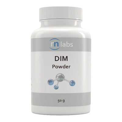 Image of a white supplement bottle that says rn labs DIM powder 50g 