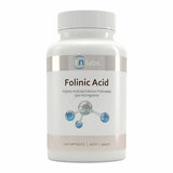 A n Image of a white supplement bottle that says rn labs folinic acid folinic acid (as calcium folinate) 500 micrograms 120 capsules 