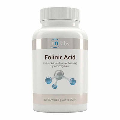 A n Image of a white supplement bottle that says rn labs folinic acid folinic acid (as calcium folinate) 500 micrograms 120 capsules 