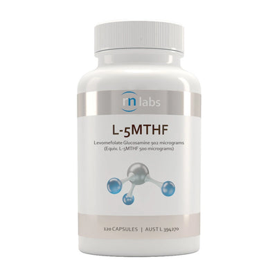 Image of a white supplement bottle that says rn labs L-5 MTF Levomefolate Glucosamine 902 micrograms (Equiv. L-5MTHF 500 micrograms) 120 capsules 