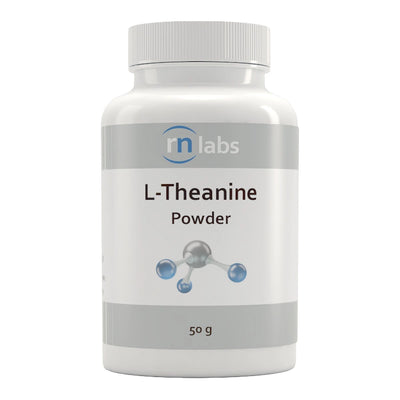 Image of a white supplement bottle that says rn labs L-Theanine Powder 50g 