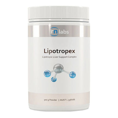 Image of a white supplement bottle that says lipotropex lipotropic liver support complex 300g powder 