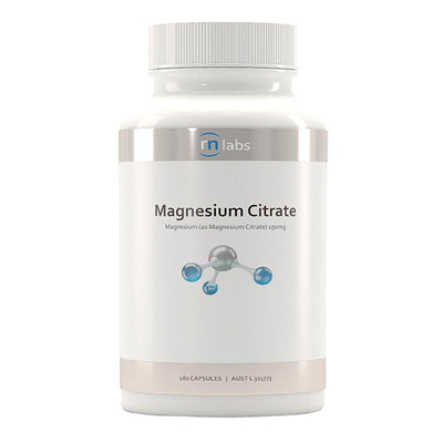 Image of a white supplement bottle that says magnesium citrate magnesium (as magnesium citrate) 150mg 180 capsules 